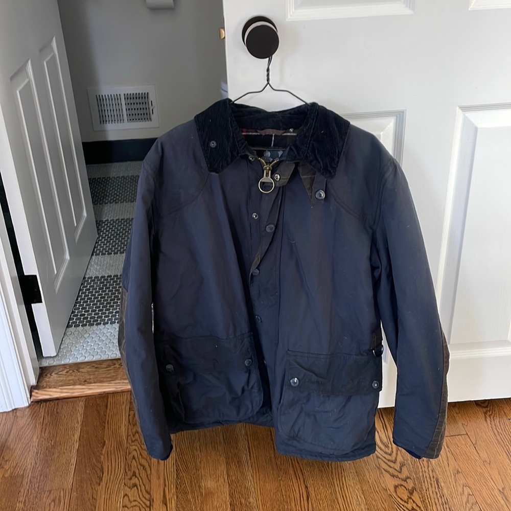 Mens Barbour blue jacket XL but would fit woman too. Great condition. Barelyworn